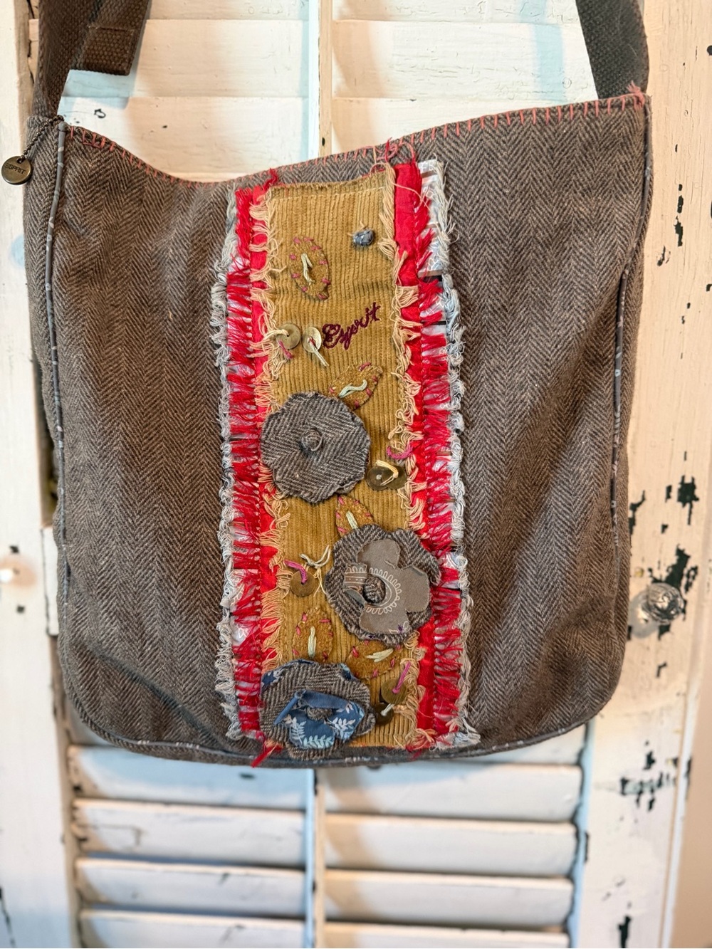 ESPRIT Y2K Crossbody Bohemian Bag Floral Appliqué Mixed Media Adjustable Strap
